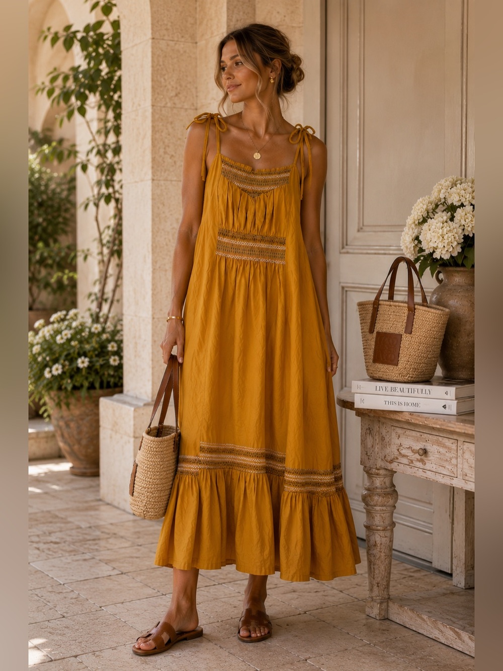 Free People Mustard Tie-Shoulder Midi Dress